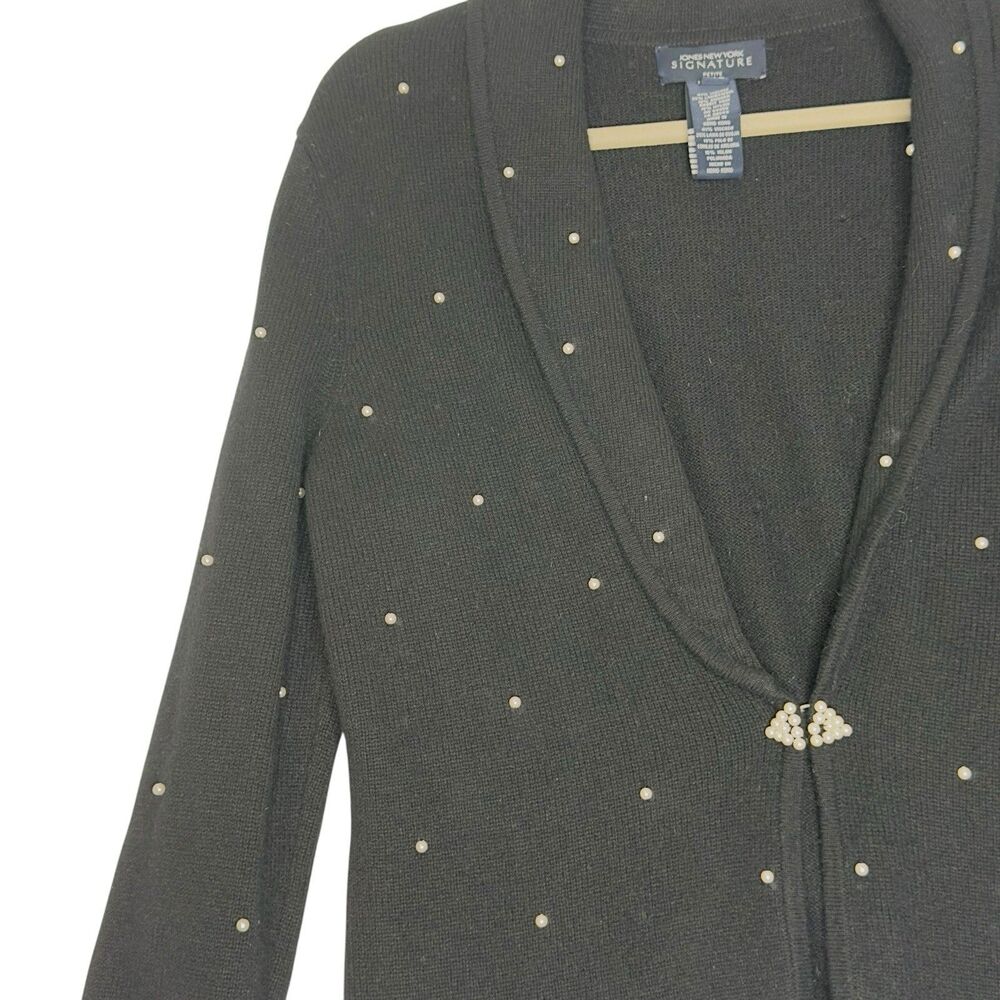 Vintage Jones NY Pearl Beaded Cardigan Sz Petite Small Black Wool Blend Coquette - Picture 2 of 12